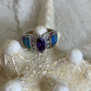 Size 6 Silver Peruvian Opal and Purple Synthetic Stone Ring